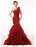 One Shoulder Burgundy Pleated Tulle Celebrity Wedding Dress